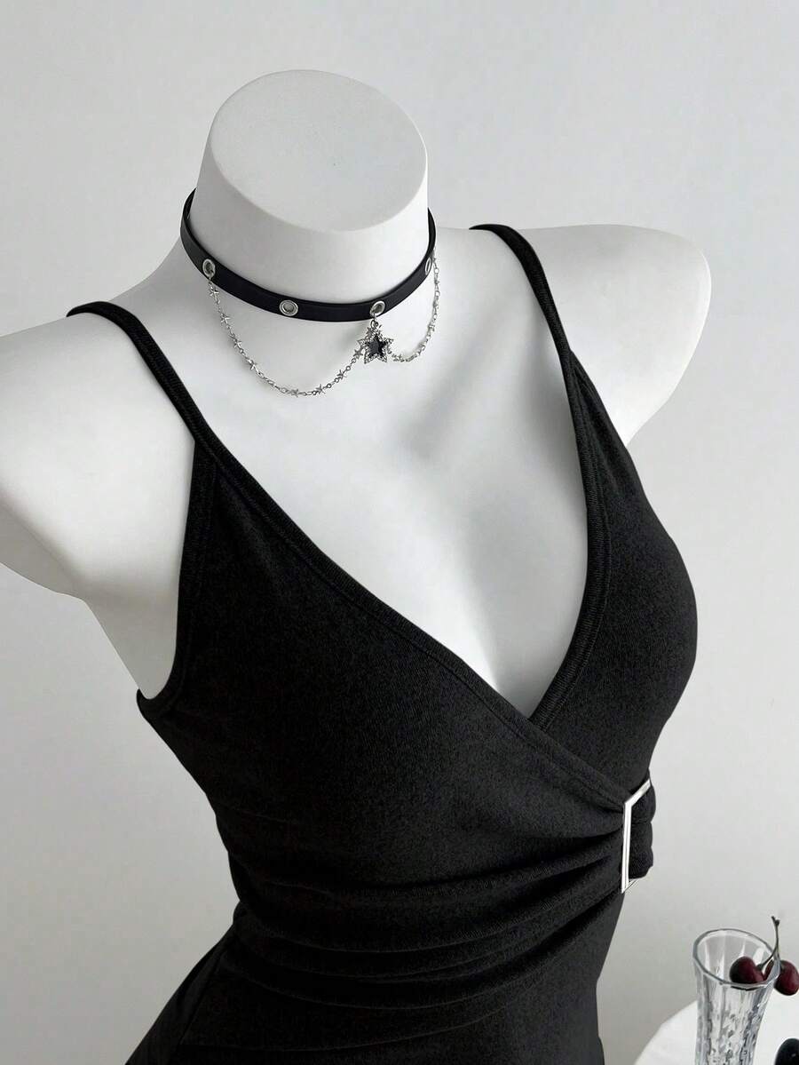 Elamini Áo camisole nữ màu trơn, đính kim loại, xếp ly, thời trang, đa năng, thích hợp cho hẹn hò và dự tiệc. - màu đen - Xem 1