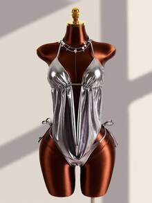 Zestiva Women's Metallic Halter Tie Ruffle Hem Tankini Top And Triangle Bottoms Swimsuit Set, Vacation/Beach - Silver - View 1