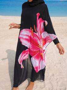 Swim Mulvari 女士夏季度假百合花网纱罩衫泳衣沙滩装 - 黑色 - 查看 5