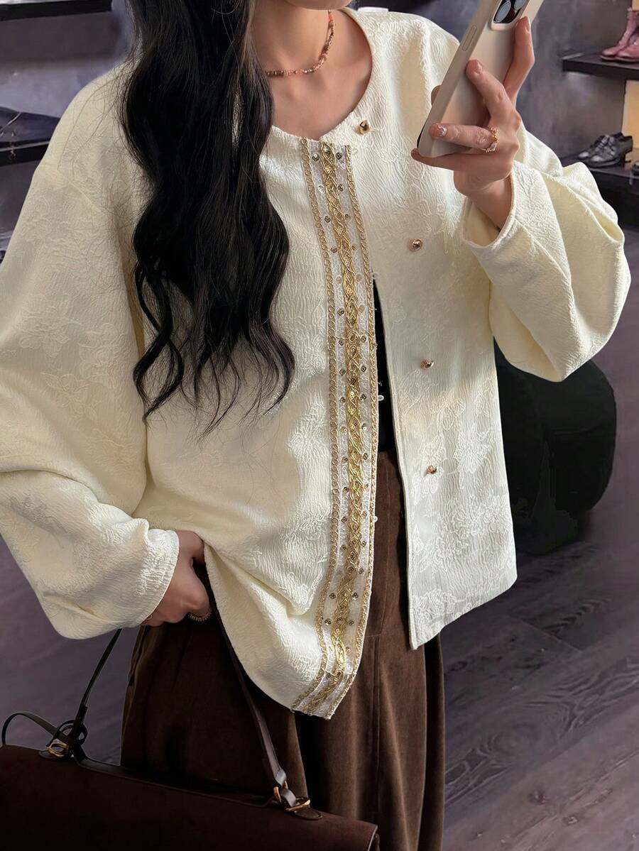 DAZY Women's Embroidered Front Button Round Neck Elegant Long Sleeve Regular Jacket - White - View 1