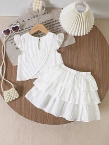 2pcs/Set Young Women's Fashionable & Versatile Cap Sleeve Top And Cake Skirt Set, Suitable For Summer - White - View 2