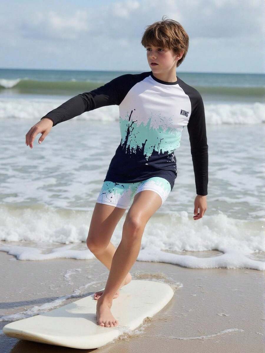 Boys' Long Sleeve Patchwork Swimsuit + Swim Trunks 2-Piece Swimwear Set - Multicolor - View 1