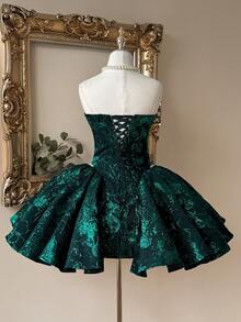 Lovelzi Đầm dạ hội ngắn dáng chữ A cổ trái tim, eo thon, màu đỏ thanh lịch và sang trọng dành cho nữ, làm từ vải jacquard dệt thủ công, đính ngọc trai. - Màu xanh lá cây đậm - Xem 3