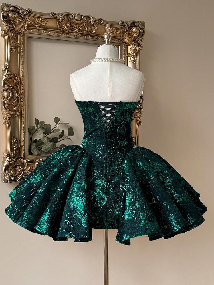 Lovelzi Elegant Formal Goth Olive Green Woven Jacquard Pearl Sweetheart Neck Vintage A-Line Short Women's Rehearsal Dinner Prom Birthday Dress Wedding Summer