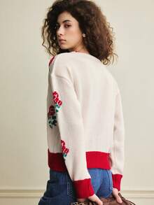 Écloséra 早春新款浪漫情人节复古撞色玫瑰提花V领长袖宽松女式开衫毛衣 - 彩色 - 查看 2