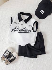 SHEIN Bộ 2 món áo polo tay ngắn và quần short phối màu cho bé trai, quần áo mùa xuân/hè, trang phục đường phố. - Đen và trắng - Xem 5