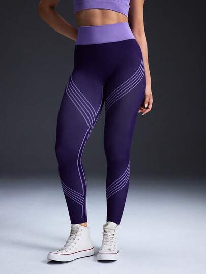  Powerista Contrast Color Patchwork High Waist Seamless 9 Leggings  Athletes Bottom Purple Color  High Waisted Seamless Contrast Color Sports Leggings Yoga Women Pants