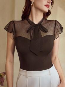 Vintamour 复古优雅女士T恤，春夏修身网眼拼接前领结T恤，黑色T恤，荷叶边袖T恤 - 棕色 - 查看 5