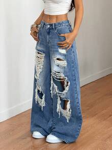 SHEIN ICON 女士休闲水洗做旧宽松阔腿牛仔裤 - 藍色 - 查看 4