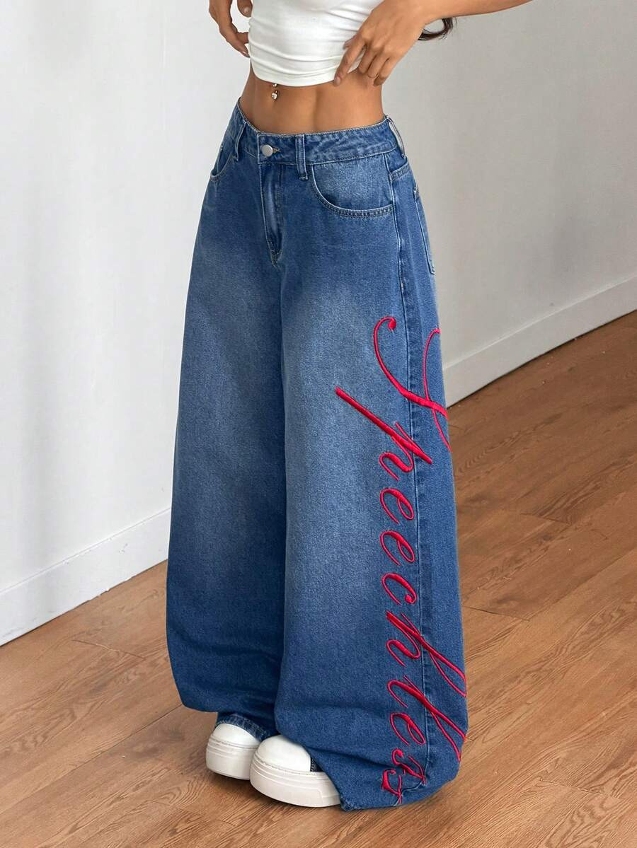 Muchica 女士字母刺绣口袋休闲宽松阔腿牛仔裤 - 藍色 - 查看 1