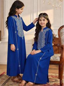 SHEIN Áo choàng dáng chữ A rộng rãi, tay lửng 3/4, xẻ tà, in họa tiết, dành cho bé gái tuổi teen, màu xanh dương và xanh lá cây. - Xanh đậm - Xem 2