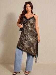 Elaquor Vestido camisero de moda con estampado de leopardo y encaje asimétrico para mujer de talla grande - Multicolor - Ver 4