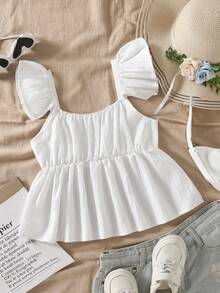 少女短袖A字纹理衬衫，荷叶边袖口上衣，适合度假、旅行、休闲外出、春夏穿着 - 白色 - 查看 6