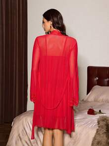 Slumberist 2pcs Sexy Mesh Wide Sleeve Lace Trim Robe & Sheer Camisole Slip Dress Set 2piece Nightgown Lingerie Robe Set Red Night Gown Sheer Nightgown Mesh Robe - Red - View 3