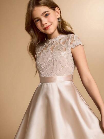 Lace & Satin Patchwork Asymmetrical Hem Midi Dress, High-End Formal Gown For Teens, Suitable For Wedding, Prom, Birthday Party, Christmas
