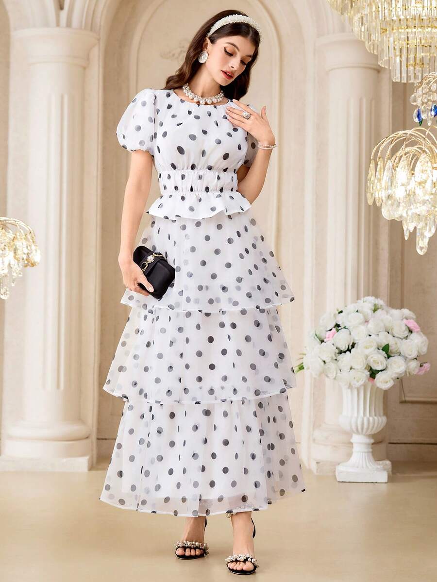 Modelyn 女士优雅派对波点印花上衣和半裙两件套 - 黑與白 - 查看 1