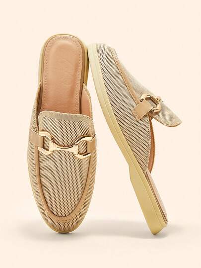 CUCCOO BASICS Women's Fashionable Apricot Knit Fabric Comfortable Slip-On Flat Mules, Suitable For Commuting, Outdoor, Work, Daily Wear, Versatile