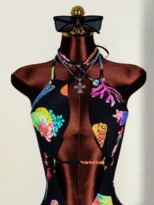 Zestiva 1pc Women's Sexy Hollow Cross Halter Nylon Printed One-Piece Swimsuit, Spring/Summer - Black - View 4