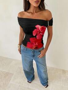 Aloruh Áo thun nữ dáng ôm sát, thanh lịch, bất đối xứng, trễ vai, họa tiết hoa, thích hợp cho mùa hè và kỳ nghỉ. - Nhiều màu - Xem 5