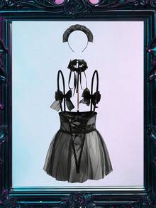 Fantasy Costume 2 piezas Conjunto de lencería sexy de mujer con encaje y lazo - Negro - Ver 2