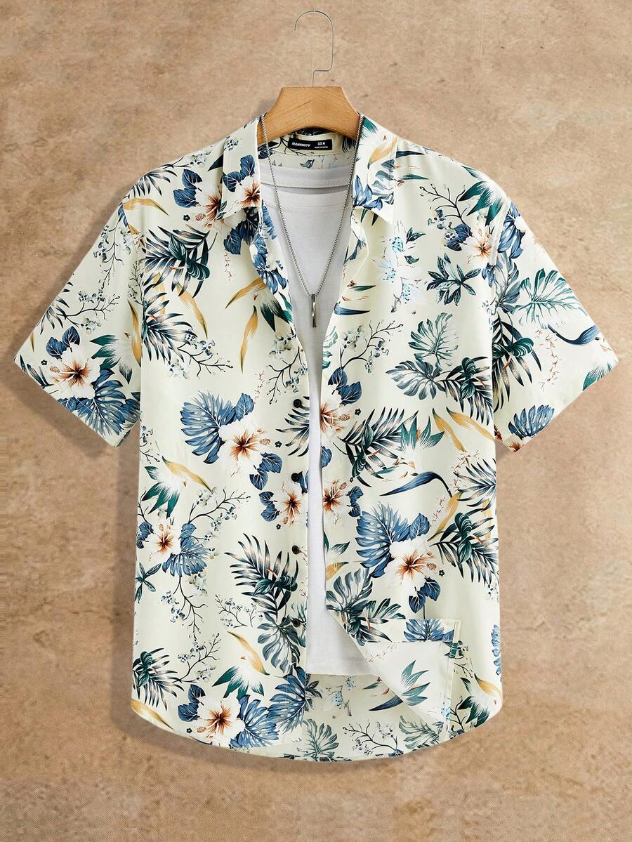 HIMLAND Loose Fit Men's Tropical Print Shirt, No T-Shirt - Apricot - View 1