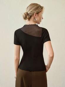 MOTF PREMIUM 黑色牙签图案撞色网眼针织T恤 - 黑色 - 查看 4