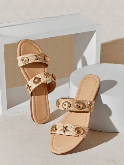 SHUZIA Women's Minimalist Comfortable, , Double Band Slip-On Flat Sandals With Metal Ornaments