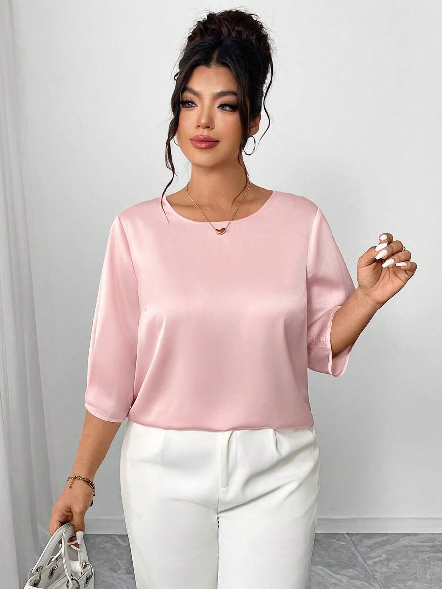 Elenzga Áo kiểu nữ cỡ lớn màu hồng lãng mạn cổ tròn tay lửng, cổ tay bồng thoải mái, thanh lịch và đa năng cho mùa xuân/hè, phù hợp cho các buổi họp mặt, tiệc trà chiều, đám cưới, tiệc tùng. - Hồng - Xem 1