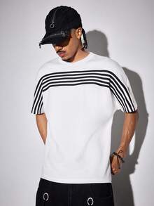 ROMWE MEN Essentials Men's Casual Striped Print Round Neck Short Sleeve T-Shirt - White - View 1