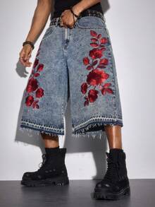 ROMWE MEN Street Life Quần short denim nam thêu hoa và đính đá. - Màu xanh lam - Xem 6