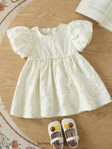 Cozy Pixies 女婴宽松可爱圆领3D立体花朵泡泡袖中长连衣裙，带蝴蝶结，杏色和香槟色，适合婚礼、花童、生日派对等场合 - 杏色 - 查看 3