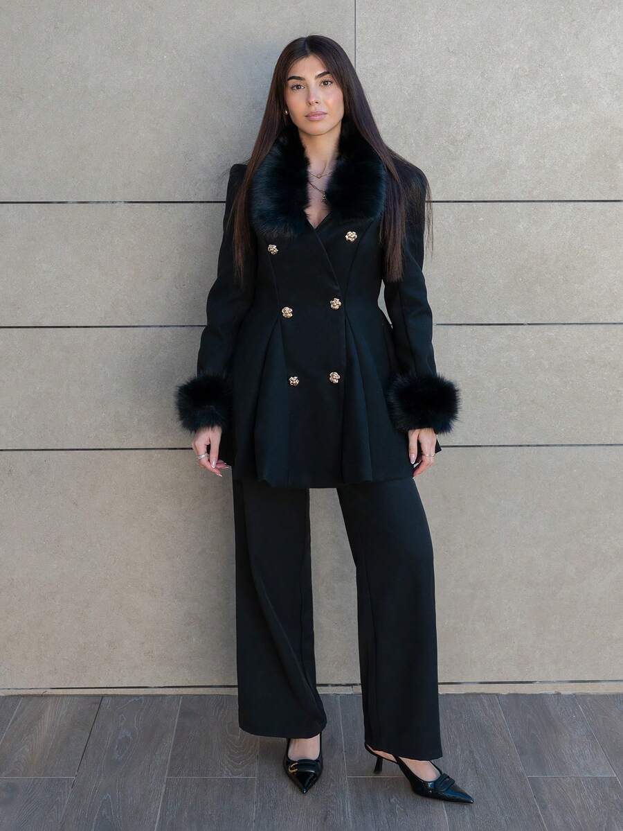 Hitanina 女士优雅喇叭形人造毛皮拼布双排扣夹克，秋冬 - 黑色 - 查看 1