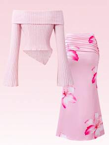 Sparklyn 2pcs/Set Teenage Girls Ruffle Trim Bow Decor Asymmetric Hem Long Sleeve Fitted Cute T-Shirt And Ladies Casual Holiday Floral Print Maxi Skirt Set, Pink, Suitable For Party, Back To School, Elegant French, Princess, Wedding, Birthday - Pink - View 2