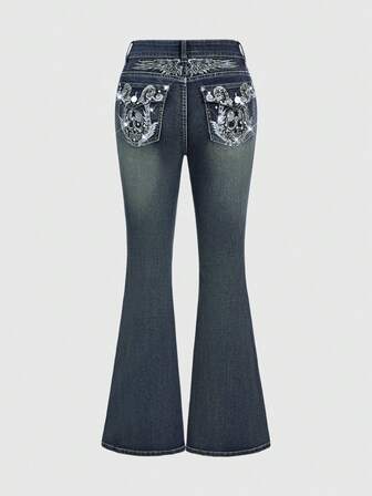 Fairycore Jeans acampanados con alas de esqueleto bordadas y strass, estilo vintage Y2K para mujer