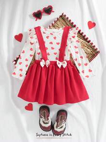 Cozy Pixies 2pcs Baby Girl Valentine's Day Heart Pattern Knit Soft Crew Neck Long Sleeve Top And Red Suspender Dress Set - Red - View 9