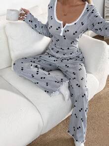 Dream Adore Bộ đồ ngủ dài tay dệt kim jacquard in hình trái tim, viền ren, cổ vuông dành cho nữ. - màu đen - Xem 6