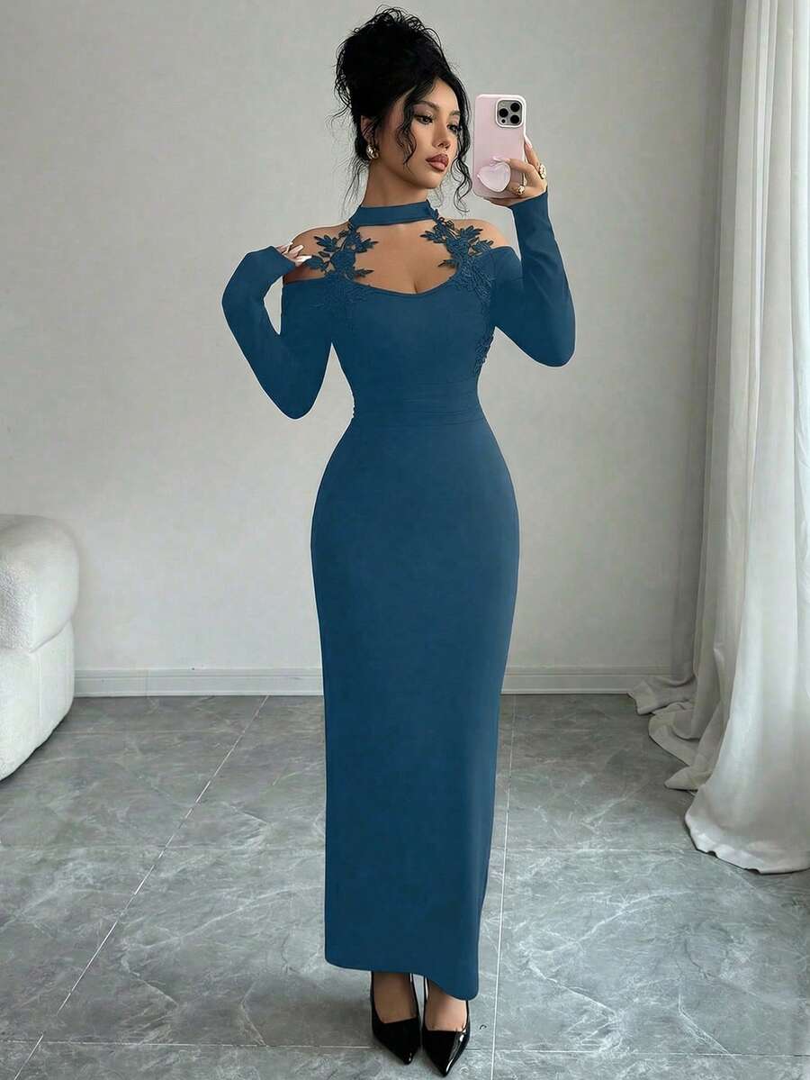 Elenzga Rochie elegantă, sexy, mulată, pentru femei, pentru petrecere de nuntă, cu mânecă lungă și guler înalt, cu model patchwork din dantelă, culoare solidă, toamnă/iarnă - imagine 6