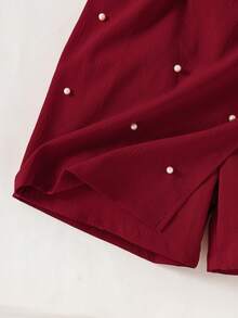 Conjunto de top de punto acanalado con volantes y falda-pantalón corta con abertura y lazo con perlas para niñas - Burdeos - Ver 4