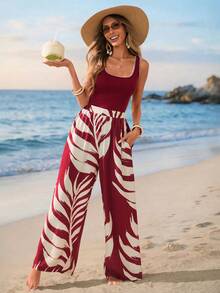 Sylviya 2pcs Women Casual Outfit, Leaf Print Top With Serrated Hem And Pants Set Summer Clothes Beach Outfits For Women Beach Set Vacation Outfits Women Two Piece Set Women - Multicolor - View 7