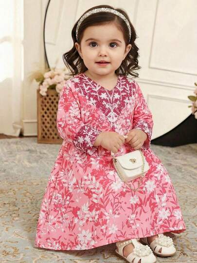 SHEIN 女婴优雅树叶印花长袖休闲轻薄连衣裙，适合中东节日穿着，粉色