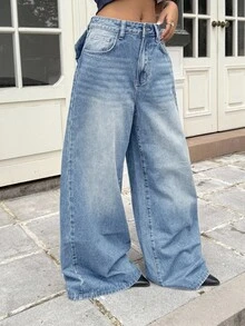 SHEIN Girls' Loose Fit Blue Denim Pants With Bow Design At Back Waist - Medium Wash - View 3