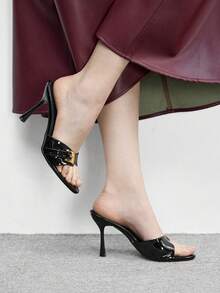 CUCCOO BIZCHIC 黑色高光泽金色搭扣高跟穆勒鞋，时尚尖头细高跟鞋，适合女性，商务、优雅晚宴及派对穿着。 - 黑色 - 查看 3