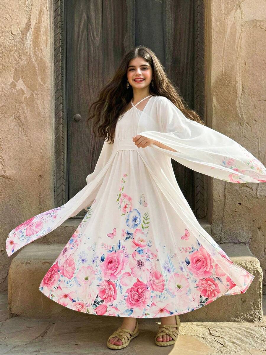 2pcs Girls Jacket + Dress Set, Featuring Traditional Elements Decoration, Stretchy Silhouette And Formal Occasion Details, Suitable For Formal Events - Multicolor - View 1