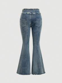 SHEIN MOD Women's Casual Fashion Flared Jeans With Frayed Waistline - Blue - View 2