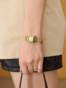 MOTF PREMIUM 1PC WOMEN'S SQUARE NUMERIC DIAL SMALL GOLD WATCH WITH STEEL BAND - Gold - View 7