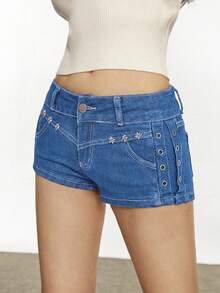 Women's Casual Everyday Wear Pocketed Button Denim Shorts - Medium Wash - View 8