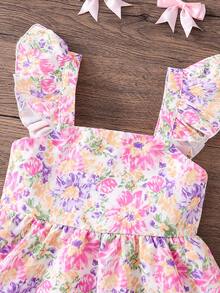 SHEIN 少女碎花荷叶边领休闲连衣裙 - 粉色 - 查看 7