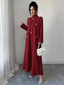 Yasmyna 女士水钻装饰高领长袖阿拉伯风格连衣裙 - 酒紅色 - 查看 6