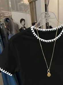 SHEIN 女士休闲蝴蝶结印花荷叶边圆领短袖T恤 - 黑色 - 查看 4