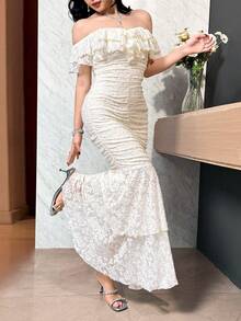 Feyla 女士优雅纯色蕾丝露肩鱼尾连衣裙 - 米色 - 查看 7